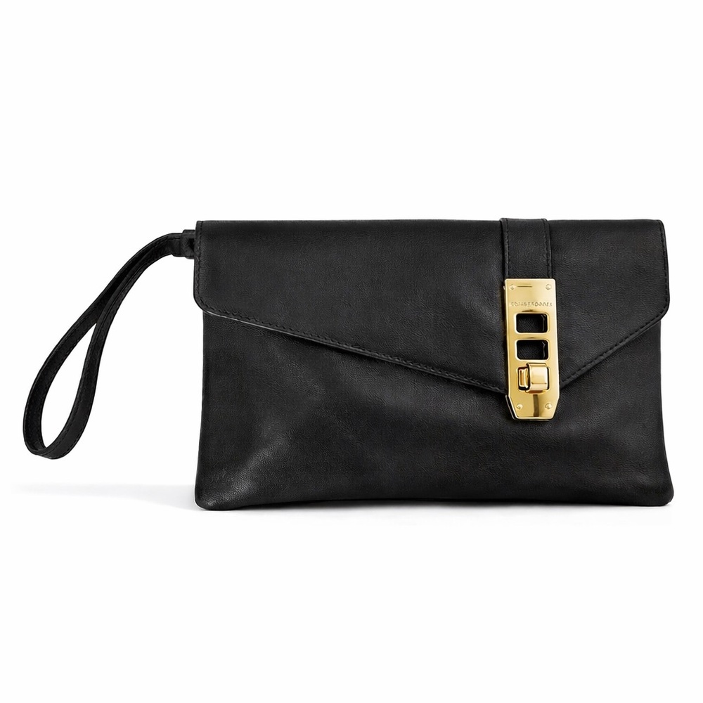 Henri Bendel Black Leather Clutch Wristlet Gold Hardware w Box Dust Bag NYC